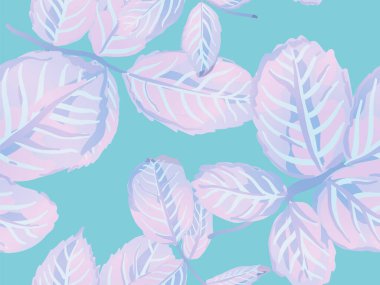 Rose Leaves Leamless Destern 'de. Aqua Menthe ve Yeşil Yaz Tekstil Tasarımı. Romantik Botanik Vektör Geçmişi. Boyalı İngiliz Yaprak Örnekleri Koleksiyonu. Tekrarlanan Bahar Şakayık Duvar Kağıdı.
