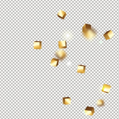 Şeffaf arkaplanda 3 boyutlu altın küplü konfeti izole edilmiş. Uçan parlak parıltı. Bokeh arızası dokusu. Soyut altın odaklı doğum günü davetiyesi şablonu. Uçan soyut parıltı.