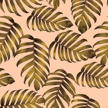 Palm Monstera Kusursuz Düzen. Sarı Tropik Yaz Arkaplanı. Plaj Ormanı Mayo Tasarımı Yaprakları. Lei Uyum. Retro Hawai baskısı. Egzotik doku. Botanik fayansları.