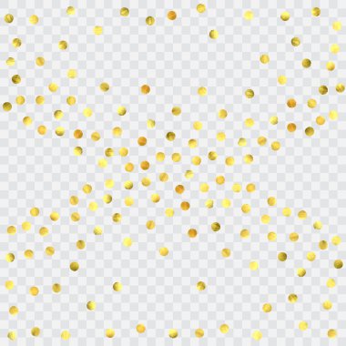 Yuvarlak altın konfetisi. Işık vektörü arka planı kutlar. Suluboya altın parıltılar ve noktalar. Makbuz arkaplanı. Noel partisi davetiye şablonu. Düşen altın konfetileri. Parıldayan arkaplan. 