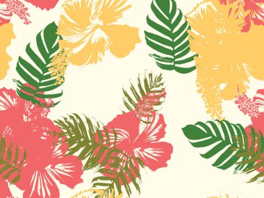 Tropikal arka plan. Yeşil, pembe, kırmızı, sarı canavar, amber çiçeği, avuç içi vektör elementleri. Hawaii egzotik kapak şablonu. Yaz botanik arka planı. Tropik çiçekli orman dokusuna sahip klasik bir iz..