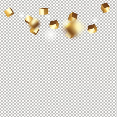 3 boyutlu altın küplü konfeti. Uçan parlak parıltı. Bokeh arızası dokusu. Soyut altın odaklı doğum günü davetiyesi şablonu. Altın kare düğün kartı. Uçan soyut parıltı. Patlama kutlama kartı
