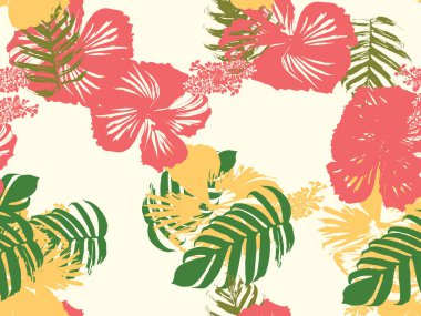 Tropikal arka plan. Yeşil, pembe, kırmızı, sarı canavar, amber çiçeği, avuç içi vektör elementleri. Hawaii egzotik kapak şablonu. Yaz botanik arka planı. Tropik çiçekli orman dokusuna sahip klasik bir iz..