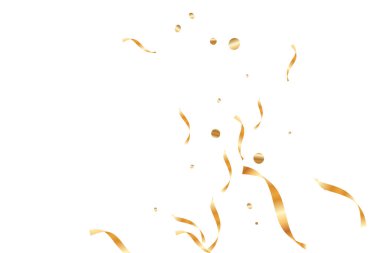  Altın konfetileri, kurdeleler. Parıldıyor. Bokeh geçmişi. Soyut altın yıldönümü davetiye şablonu. Düğün konsepti kartı. Uçan soyut parçacıklar. Patlama kutlama kartı.