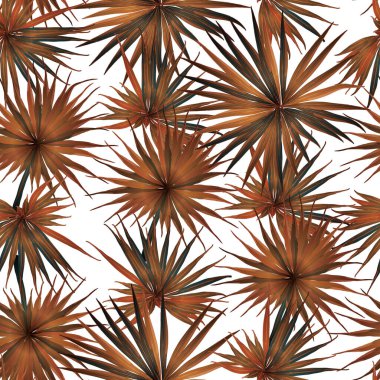 Palm Monstera Kusursuz Düzen. Turuncu Beyaz Tropikal Yaz Arkaplanı. Plaj Ormanı Mayo Tasarımı Yaprakları. Lei Uyum. Retro Hawai baskısı. Egzotik doku. Botanik döşemesi.