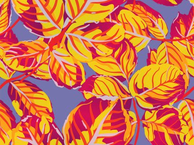 Romantik Botanik Vektör Geçmişi. Yaz Tekstil Tasarımı. Rose Leaves Leamless Destern 'de. Tekrarlanan Bahar Şakayığı Duvar Kağıdı. Safran Sarı ve Kırmızı Boyalı İngiliz Gülü Yaprak Örnekleri Koleksiyonu.