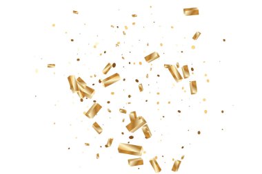  Altın konfetileri, kurdeleler. Parıldıyor. Bokeh geçmişi. Soyut altın yıldönümü davetiye şablonu. Düğün konsepti kartı. Uçan soyut parçacıklar. Patlama kutlama kartı.