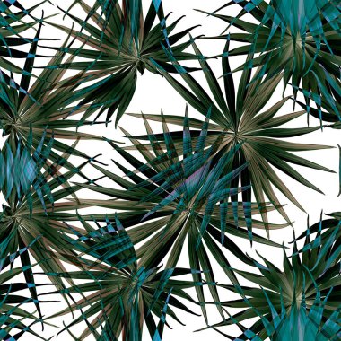 Palm Monstera Kusursuz Düzen. Beyaz Yeşil Tropikal Yaz Arkaplanı. Plaj Ormanı Mayo Tasarımı Yaprakları. Lei Uyum. Retro Hawai baskısı. Egzotik doku. Botanik döşemesi.