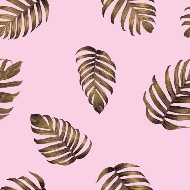 Palm Monstera Kusursuz Düzen. Magenta Tropik Yaz Arkaplanı. Plaj Ormanı Mayo Tasarımı Yaprakları. Lei Uyum. Retro Hawai baskısı. Egzotik doku. Botanik döşemesi.