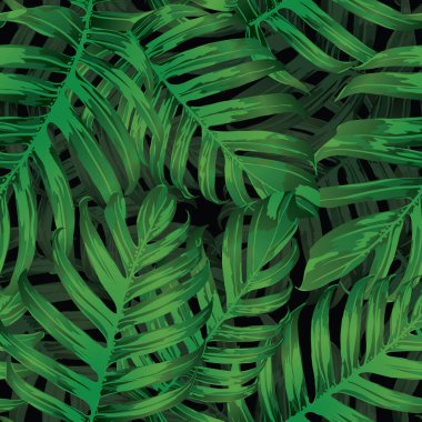 Palm Monstera Kusursuz Düzen. Siyah Yeşil Tropikal Yaz Arkaplanı. Plaj Ormanı Mayo Tasarımı Yaprakları. Lei Uyum. Klasik Hawai baskısı. Egzotik doku. Botanik fayansları.