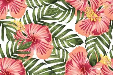 Yeşil kırmızı egzotik desen. Canavar yaprakları ve amber çiçekleri yaz baskısı. Hawaii tişörtü ve mayo fayansı. Yatay romantik vahşi vektör egzotik fayans. Aşırı doğal botanik tasarımı.