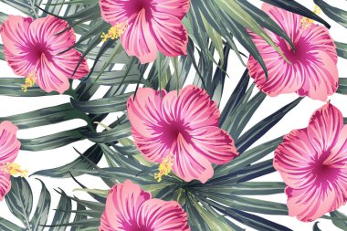 Yeşil kırmızı egzotik desen. Canavar yaprakları ve amber çiçekleri yaz baskısı. Doymuş büyük çiçekli mayo izi. Yatay romantik vahşi vektör egzotik fayans. Aşırı doğal botanik tasarımı.