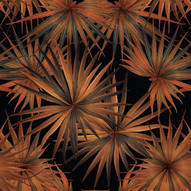 Palm Monstera Kusursuz Düzen. Turuncu Siyah Tropikal Yaz Arkaplanı. Plaj Ormanı Mayo Tasarımı Yaprakları. Lei Uyum. Retro Hawai baskısı. Tropik Tekstil dokusu. Botanik fayansları.