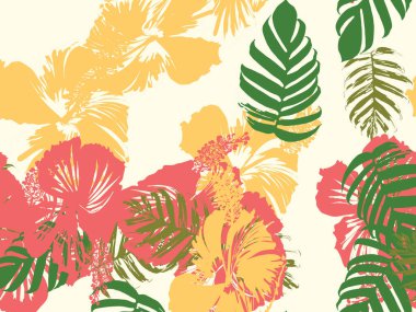 Tropikal arka plan. Yeşil, pembe, kırmızı, sarı canavar, amber çiçeği, avuç içi vektör elementleri. Hawaii egzotik kapak şablonu. Yaz botanik arka planı. Tropik çiçekli orman dokusuna sahip klasik bir iz..