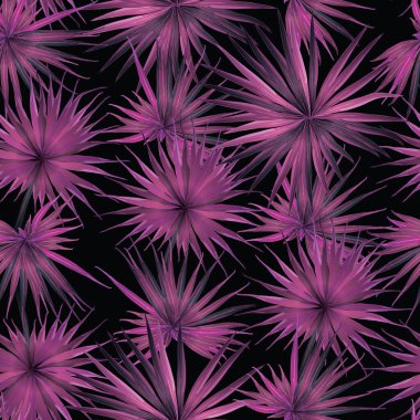 Palm Monstera Kusursuz Düzen. Magenta Tropik Yaz Arkaplanı. Plaj Ormanı Mayo Tasarımı Yaprakları. Lei Uyum. Retro Hawai baskısı. Egzotik doku. Botanik döşemesi.