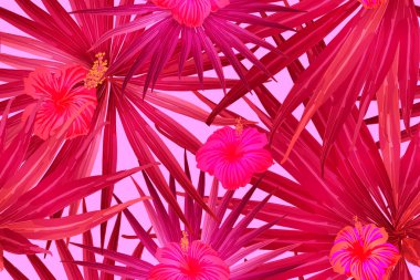 Pembe kırmızı egzotik desen. Canavar yaprakları ve amber çiçekleri yaz baskısı. Hawaii tişörtü ve mayo fayansı. Yatay romantik vahşi vektör egzotik fayans. Güzel bahar botanik tasarımı.