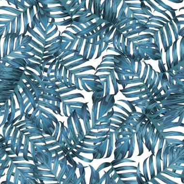 Palm Monstera Kusursuz Düzen. Mavi Beyaz Tropikal Yaz Arkaplanı. Plaj Ormanı Mayo Tasarımı Yaprakları. Lei Uyum. Retro Hawai baskısı. Tropik Tekstil dokusu. Botanik döşemesi.