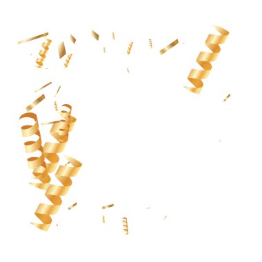  Altın konfetileri, kurdeleler. Parıldıyor. Bokeh geçmişi. Soyut altın yıldönümü davetiye şablonu. Düğün konsepti kartı. Uçan soyut parçacıklar. Patlama kutlama kartı.