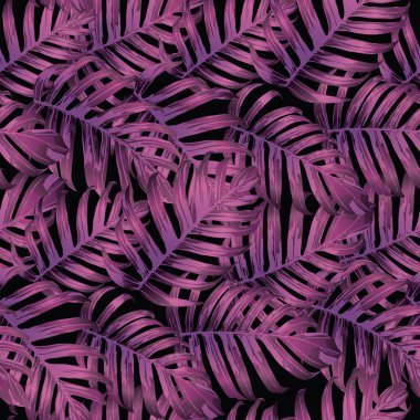 Palm Monstera Kusursuz Düzen. Siyah Pembe Tropik Yaz Arkaplanı. Plaj Ormanı Mayo Tasarımı Yaprakları. Lei Uyum. Klasik Hawai baskısı. Egzotik doku. Botanik döşemesi.