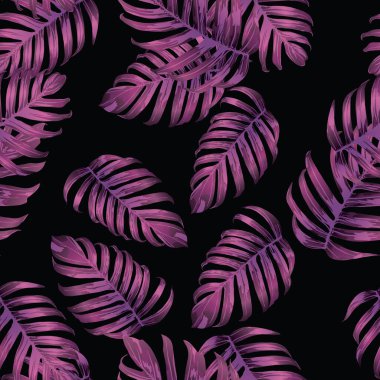 Palm Monstera Kusursuz Düzen. Magenta Tropik Yaz Arkaplanı. Plaj Ormanı Mayo Tasarımı Yaprakları. Lei Uyum. Retro Hawai baskısı. Egzotik doku. Botanik döşemesi.
