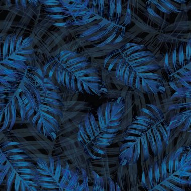 Palm Monstera Kusursuz Düzen. Mavi Siyah Tropikal Yaz Arkaplanı. Plaj Ormanı Mayo Tasarımı Yaprakları. Lei Uyum. Klasik Hawai baskısı. Egzotik doku. Botanik fayansları.