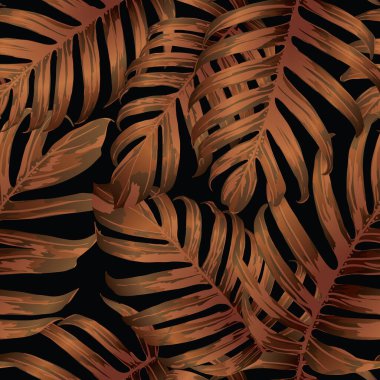 Palm Monstera Kusursuz Düzen. Turuncu Siyah Tropikal Yaz Arkaplanı. Plaj Ormanı Mayo Tasarımı Yaprakları. Lei Uyum. Retro Hawai baskısı. Tropik Tekstil dokusu. Botanik fayansları.