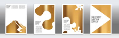 Altın kapak seti. Hafif arka planda tropikal uçucu. Akışkan poster tasarımı. Broşür şablonu tasarımı. Altın zemin. Şık vektör kapağı tasarımı. Soyut gradyan bağ dokusu.