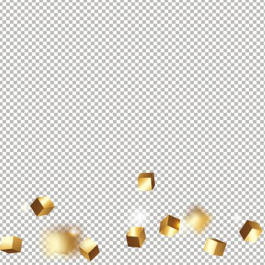 3 boyutlu altın küplü konfeti. Uçan parlak parıltı. Bokeh arızası dokusu. Soyut altın odaklı doğum günü davetiyesi şablonu. Altın kare düğün kartı. Uçan soyut parıltı. Patlama kutlama kartı