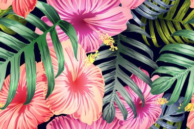 Yeşil kırmızı egzotik desen. Canavar ve amber çiçekleri tropik buket. Doymuş büyük çiçekli mayo izi. Yatay romantik vahşi vektör egzotik fayans. Aşırı doğal botanik tasarımı.