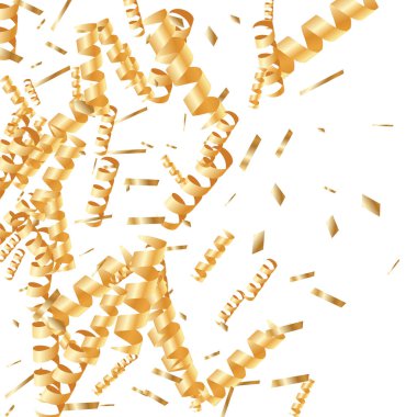  Altın konfetileri, kurdeleler. Parıldıyor. Bokeh geçmişi. Soyut altın yıldönümü davetiye şablonu. Düğün konsepti kartı. Uçan soyut parçacıklar. Patlama kutlama kartı.