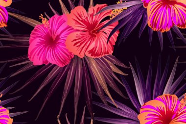 Pembe kırmızı egzotik desen. Canavar ve amber çiçekleri tropik buket. Doymuş büyük çiçekli mayo izi. Yatay romantik vahşi vektör egzotik fayans. Aşırı doğal botanik tasarımı.