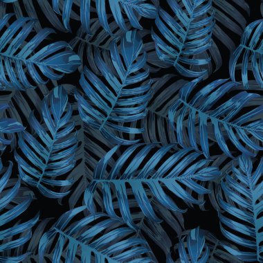 Palm Monstera Kusursuz Düzen. Mavi Siyah Tropikal Yaz Arkaplanı. Plaj Ormanı Mayo Tasarımı Yaprakları. Lei Uyum. Klasik Hawai baskısı. Tropik Tekstil dokusu. Botanik fayansları.