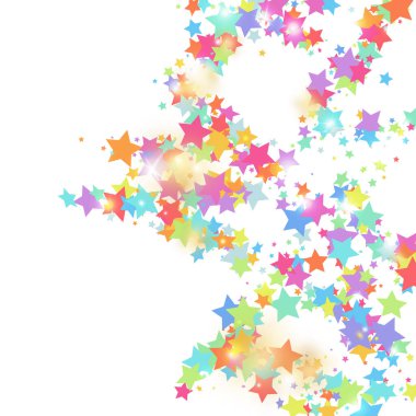 Beyaz arka planda yeşil, kırmızı, sarı, pembe yıldız konfetileri. Uçan parlak parçacıklar. Soyut vektör renkli konfeti. Doğum günü partisi arka planı. Sürpriz kart şablonu