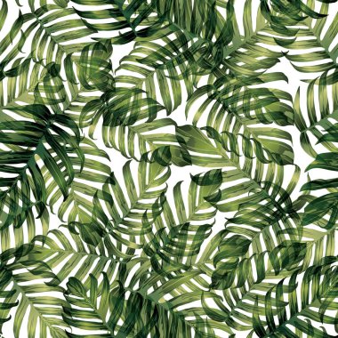 Palm Monstera Kusursuz Düzen. Yeşil Beyaz Tropikal Yaz Arkaplanı. Plaj ve Orman Yaprakları Mayo Tasarımı için. Lei Uyum. Klasik Hawai baskısı. Tropik Tekstil dokusu. Botanik fayansları.