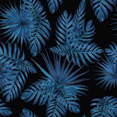 Palm Monstera Kusursuz Düzen. Indigo Tropik Yaz Arkaplanı. Plaj Ormanı Mayo Tasarımı Yaprakları. Lei Uyum. Klasik Hawai baskısı. Tropik Tekstil dokusu. Botanik fayansları.