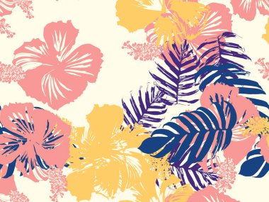 Tropikal arka plan. Yeşil, pembe, kırmızı, sarı canavar, amber çiçeği, avuç içi vektör elementleri. Hawaii egzotik kapak şablonu. Yaz botanik arka planı. Tropik çiçekli orman dokusuna sahip klasik bir iz..