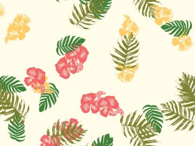 Tropikal arka plan. Yeşil, pembe, kırmızı, sarı canavar, amber çiçeği, avuç içi vektör elementleri. Hawaii egzotik kapak şablonu. Yaz botanik arka planı. Tropik çiçekli orman dokusuna sahip klasik bir iz..