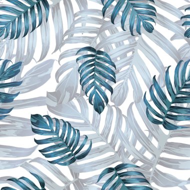 Palm Monstera Kusursuz Düzen. Indigo Tropik Yaz Arkaplanı. Plaj Ormanı Mayo Tasarımı Yaprakları. Lei Uyum. Klasik Hawai baskısı. Egzotik doku. Botanik döşemesi.