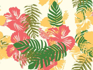 Tropikal arka plan. Yeşil, pembe, kırmızı, sarı canavar, amber çiçeği, avuç içi vektör elementleri. Hawaii egzotik kapak şablonu. Yaz botanik arka planı. Tropik çiçekli orman dokusuna sahip klasik bir iz..