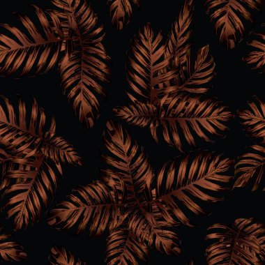 Palm Monstera Kusursuz Düzen. Turuncu Siyah Tropikal Yaz Arkaplanı. Plaj Ormanı Mayo Tasarımı Yaprakları. Lei Uyum. Retro Hawai baskısı. Egzotik doku. Botanik döşemesi.