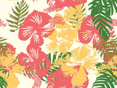 Tropikal arka plan. Yeşil, pembe, kırmızı, sarı canavar, amber çiçeği, avuç içi vektör elementleri. Hawaii egzotik kapak şablonu. Yaz botanik arka planı. Tropik çiçekli orman dokusuna sahip klasik bir iz..