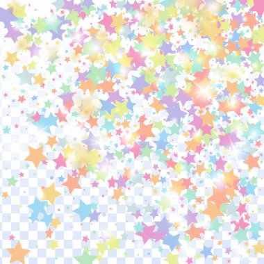 Şeffaf arkaplanda yeşil, kırmızı, sarı, pembe yıldız konfetileri. Parlak, parlak bir duş. Tatil vektörü renkli konfeti. Doğum günü partisi arka planı. Yeni yıl kartı şablonu