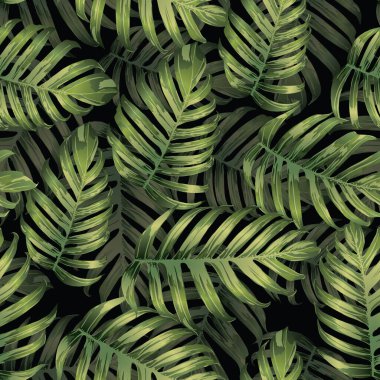 Palm Monstera Kusursuz Düzen. Yeşil Siyah Tropikal Yaz Arkaplanı. Plaj Ormanı Mayo Tasarımı Yaprakları. Lei Uyum. Klasik Hawai baskısı. Egzotik doku. Botanik döşemesi.
