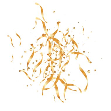  Altın konfetileri, kurdeleler. Parıldıyor. Bokeh geçmişi. Soyut altın yıldönümü davetiye şablonu. Düğün konsepti kartı. Uçan soyut parçacıklar. Patlama kutlama kartı.