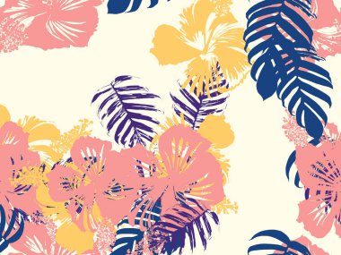 Tropikal arka plan. Yeşil, pembe, kırmızı, sarı canavar, amber çiçeği, avuç içi vektör elementleri. Hawaii egzotik kapak şablonu. Yaz botanik arka planı. Tropik çiçekli orman dokusuna sahip klasik bir iz..