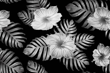 Siyah beyaz egzotik desen. Canavar ve amber çiçekleri tropik buket. Doymuş büyük çiçekli mayo izi. Yatay romantik vahşi vektör egzotik fayans. Aşırı doğal botanik tasarımı.