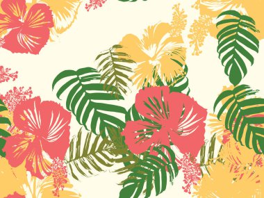 Tropikal arka plan. Yeşil, pembe, kırmızı, sarı canavar, amber çiçeği, avuç içi vektör elementleri. Hawaii egzotik kapak şablonu. Yaz botanik arka planı. Tropik çiçekli orman dokusuna sahip klasik bir iz..