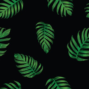 Palm Monstera Kusursuz Düzen. Siyah Yeşil Tropikal Yaz Arkaplanı. Plaj Ormanı Mayo Tasarımı Yaprakları. Lei Uyum. Klasik Hawai baskısı. Tropik Tekstil dokusu. Botanik fayansları.