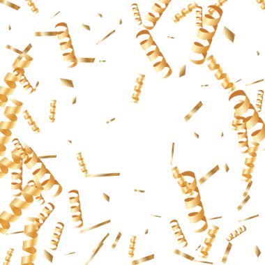  Altın konfetileri, kurdeleler. Parıldıyor. Bokeh geçmişi. Soyut altın yıldönümü davetiye şablonu. Düğün konsepti kartı. Uçan soyut parçacıklar. Patlama kutlama kartı.