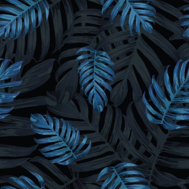 Palm Monstera Kusursuz Düzen. Mavi Siyah Tropikal Yaz Arkaplanı. Plaj Ormanı Mayo Tasarımı Yaprakları. Lei Uyum. Retro Hawai baskısı. Egzotik doku. Botanik döşemesi.